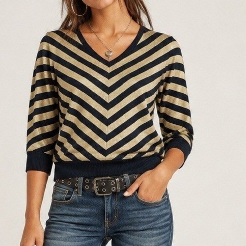 Joan Vass New York Black Gold Metallic Striped Chevron‎ V-Neck Sweater Small
